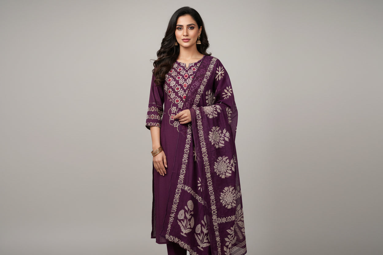 Purple Cotton Straight Fit Block print Kurtha 643