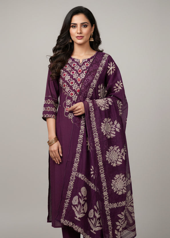 Purple Cotton Straight Fit Block print Kurtha 643