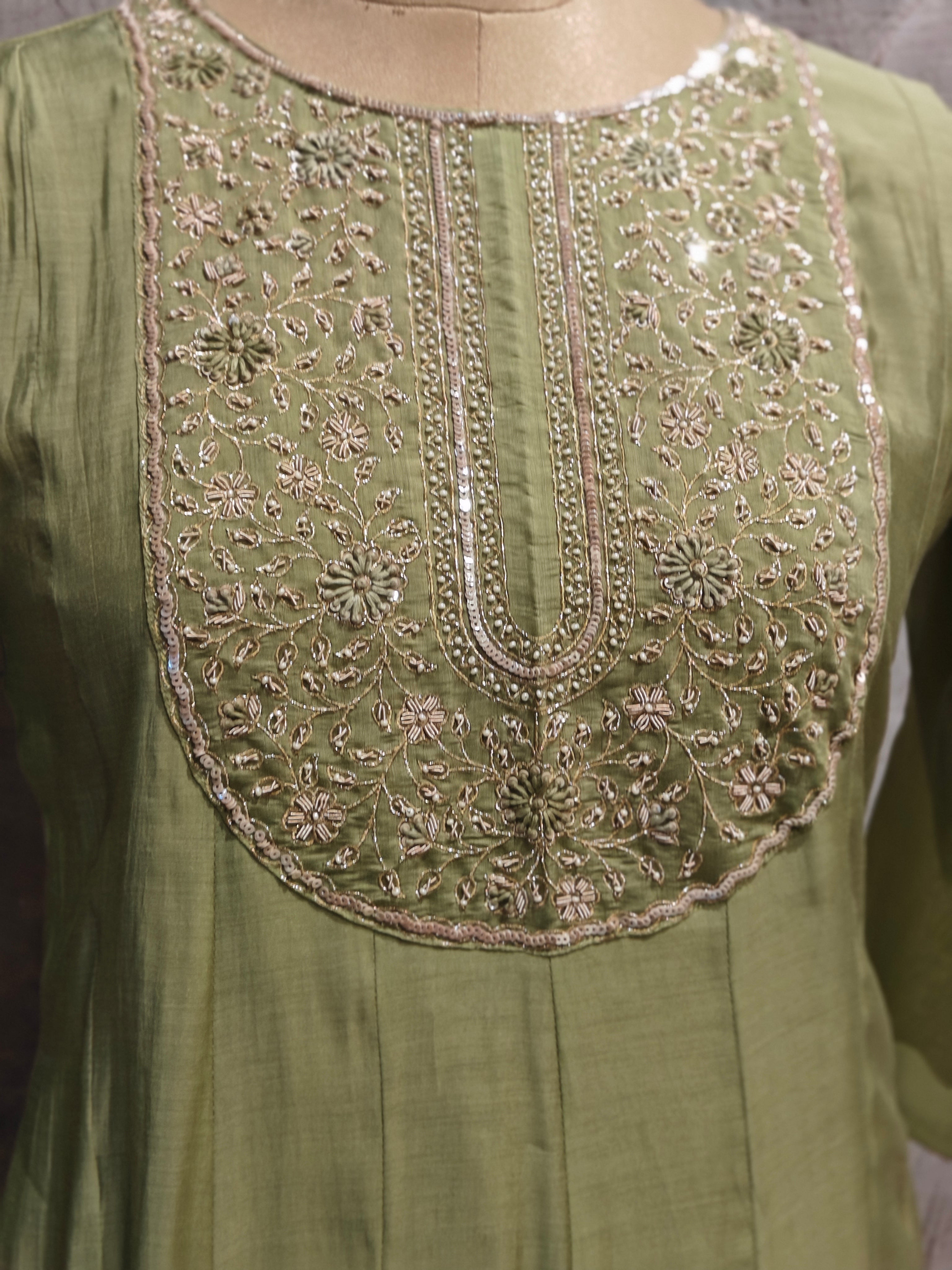 Pista Green Mul Chanderi Airline Handwork Kurtha 581