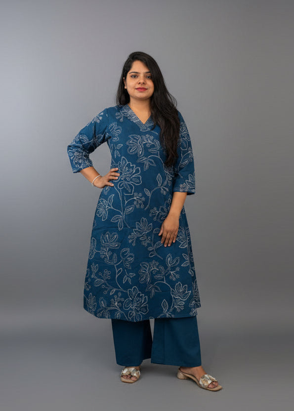 Blue  Cotton Hakoba Cord Set Kurtha 487