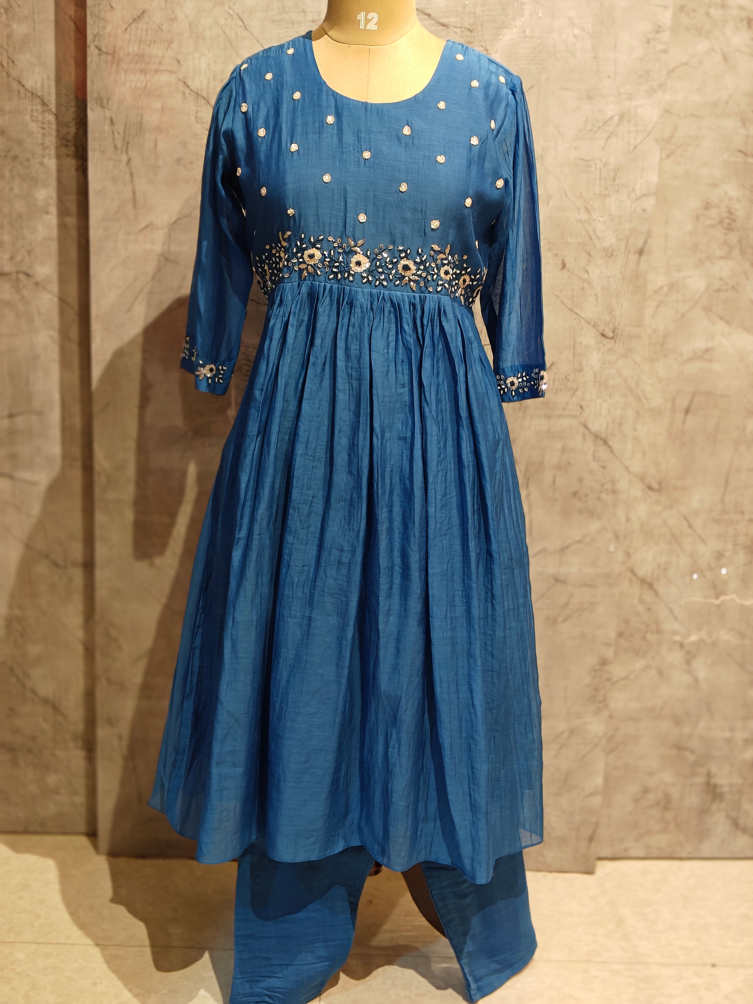 Blue Mul Chanderi Airline Handwork Kurtha 581