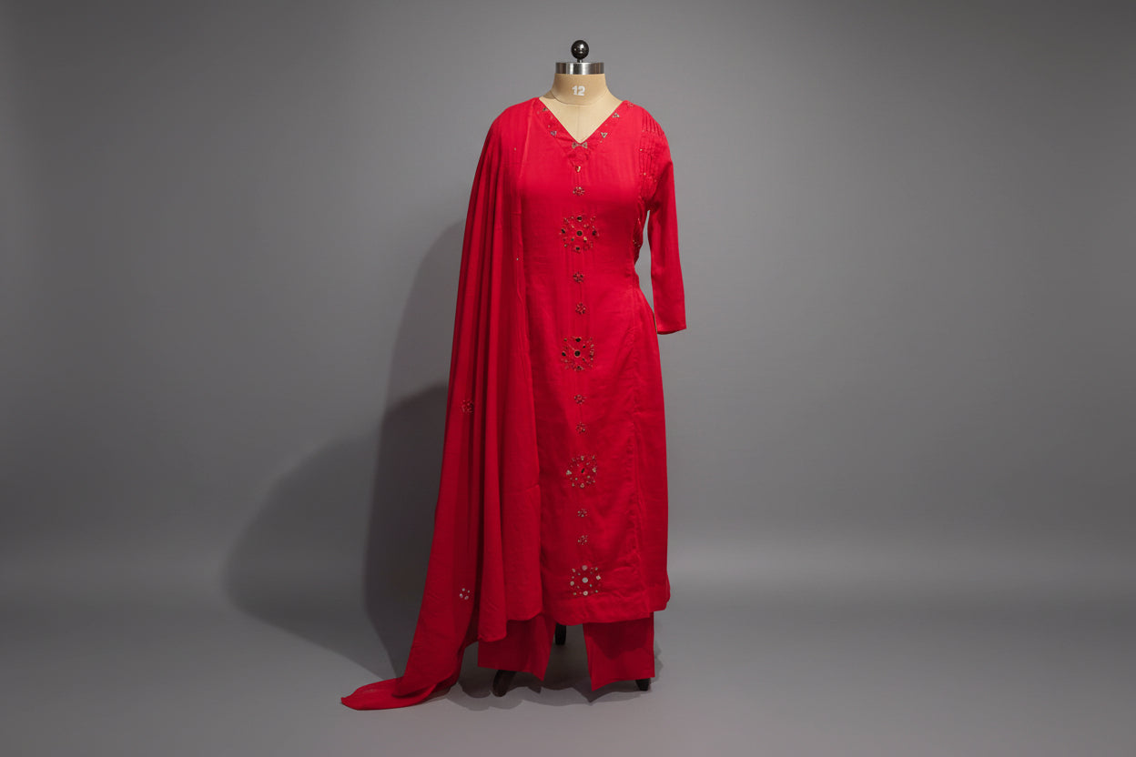 Pink Cotton Anarkali Mirror Work Kurtha 643