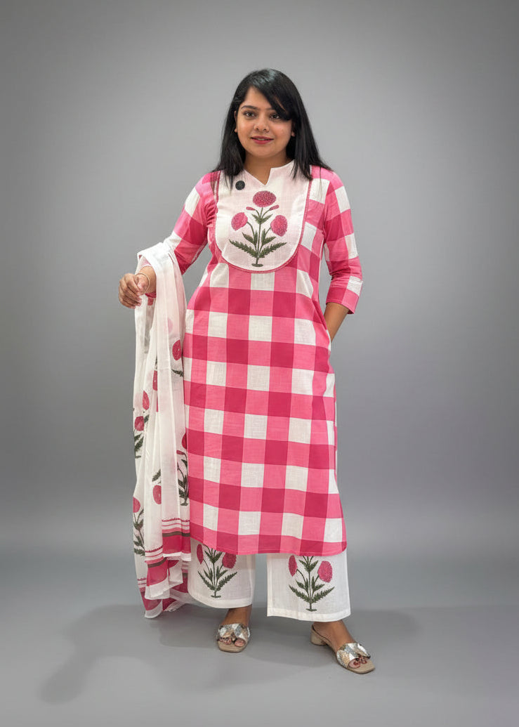 White nd Pink Cotton Thread Embroidery Kurtha 529
