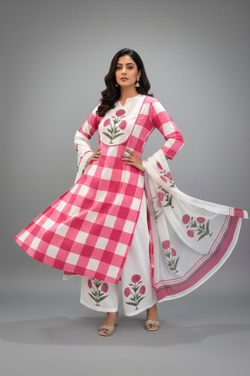 White nd Pink Cotton Thread Embroidery Kurtha 529