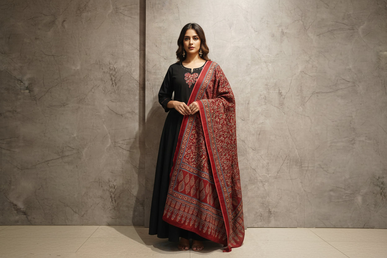 Black Cotton Straight Fit Kurtha