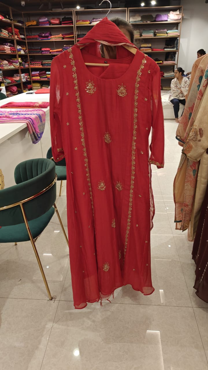 Red Mul Chanderi Hand Embroidery Airline Kurtha