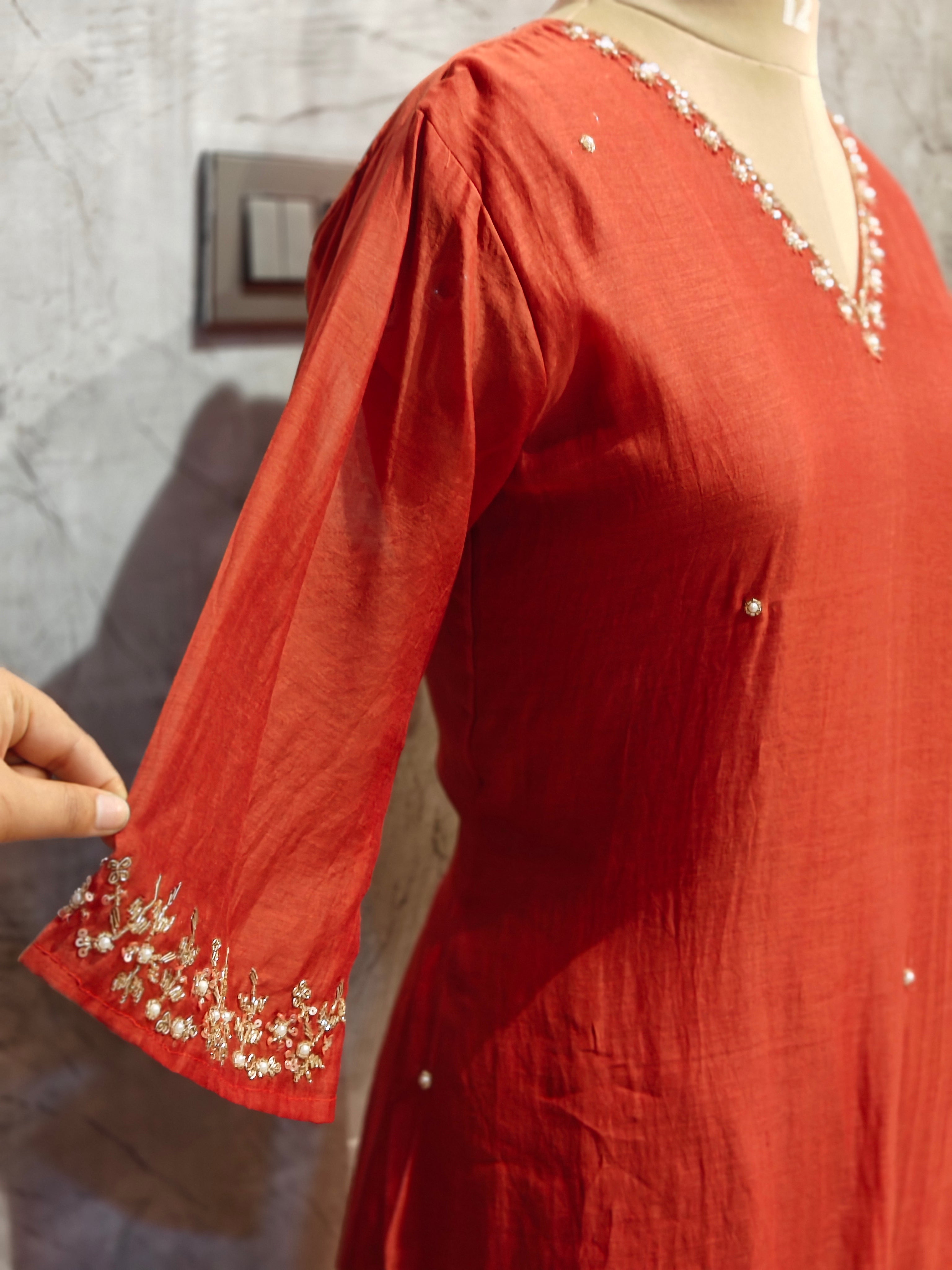 Orange Mul Chanderi Hand Embroidery Anarkali Kurtha 690