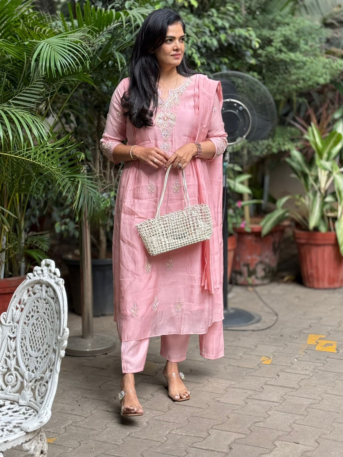 Baby Pink Mul Chanderi Hand Embroidery Anarkali Kurtha 488