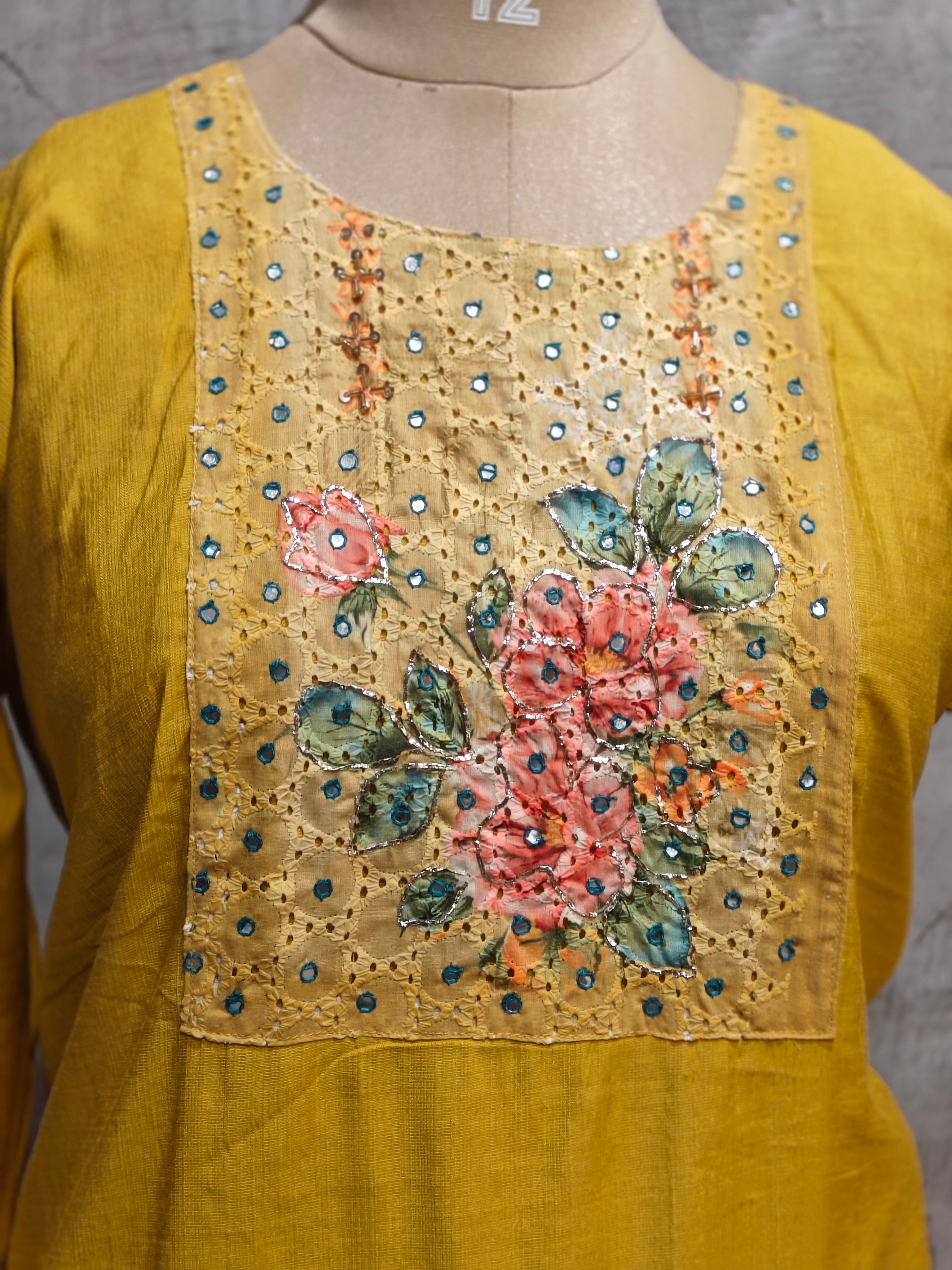 Yellow Dola Silk Handwork Straight Fit Plus Size Kurtha 427