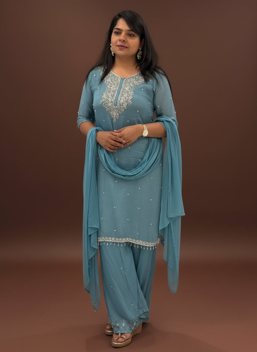 Blue Chinnon Hand Embroidery Sharara Kurtha 301 hu