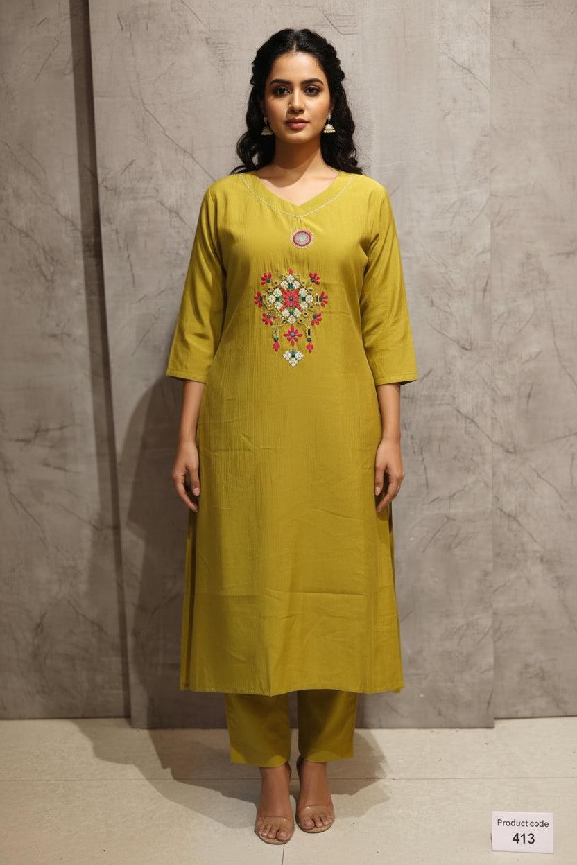Green Cotton Thread Embroidery work Cord Set Kurtha 413