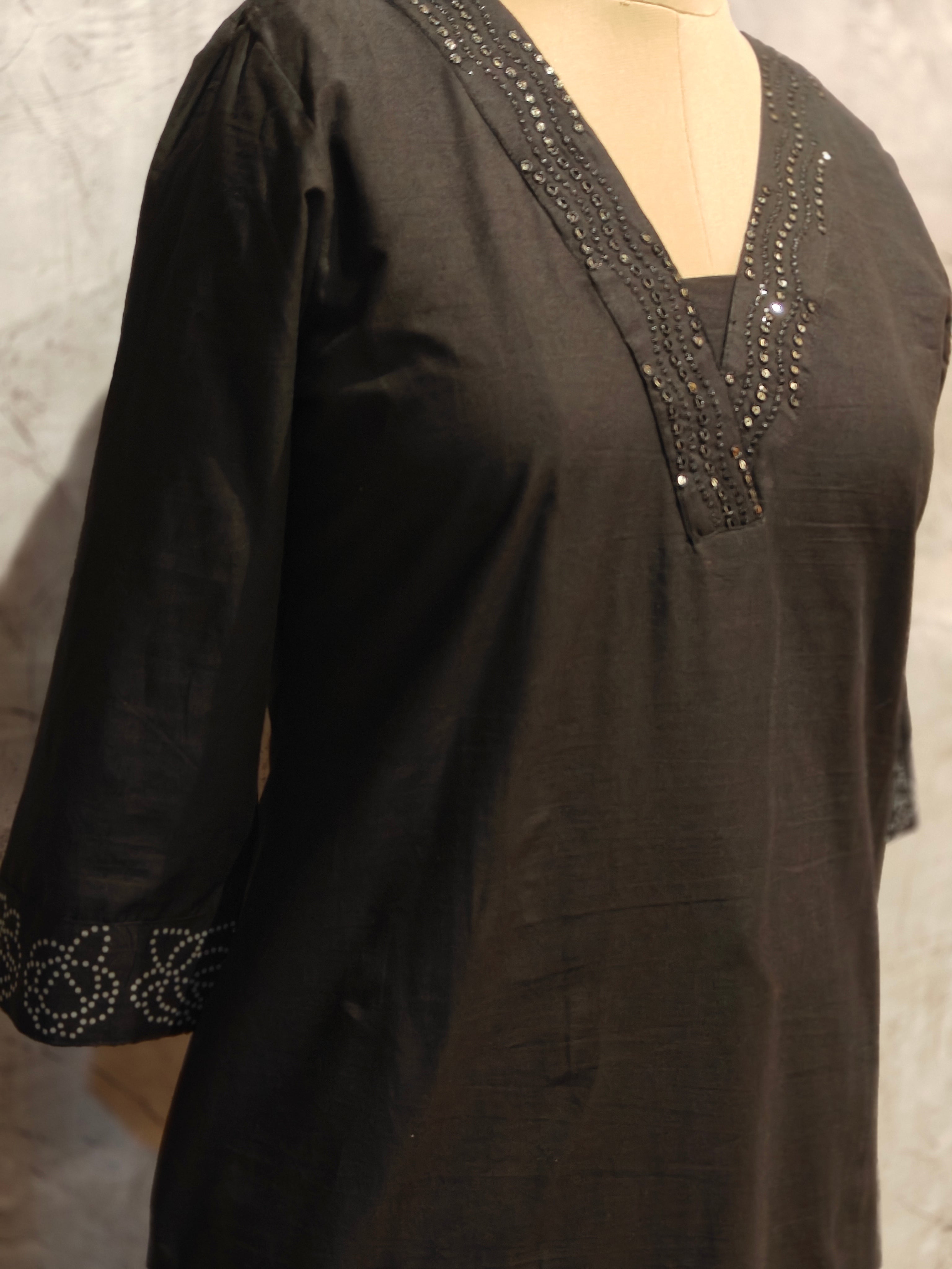 Black Cotton Block print Straight Fit Kurtha 253