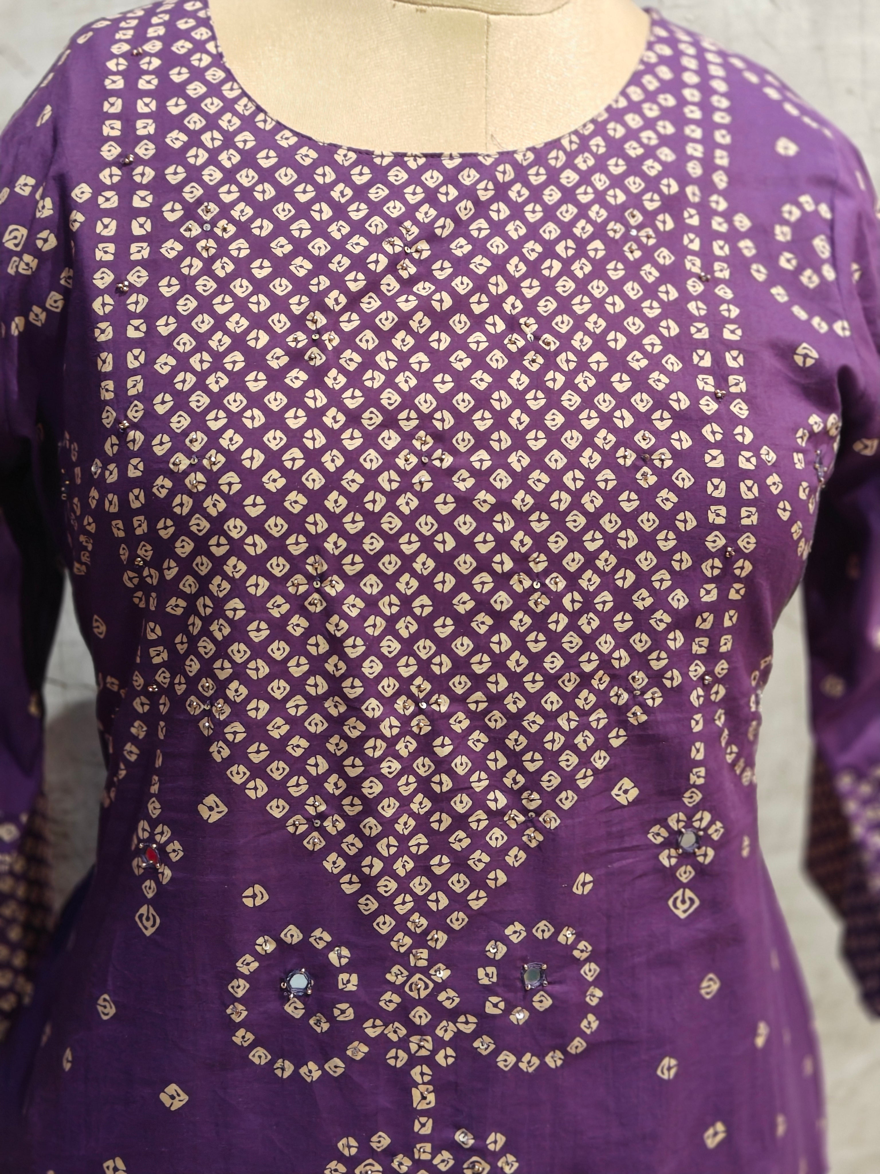 Purple Cotton Straight Fit Block print Kurtha 643