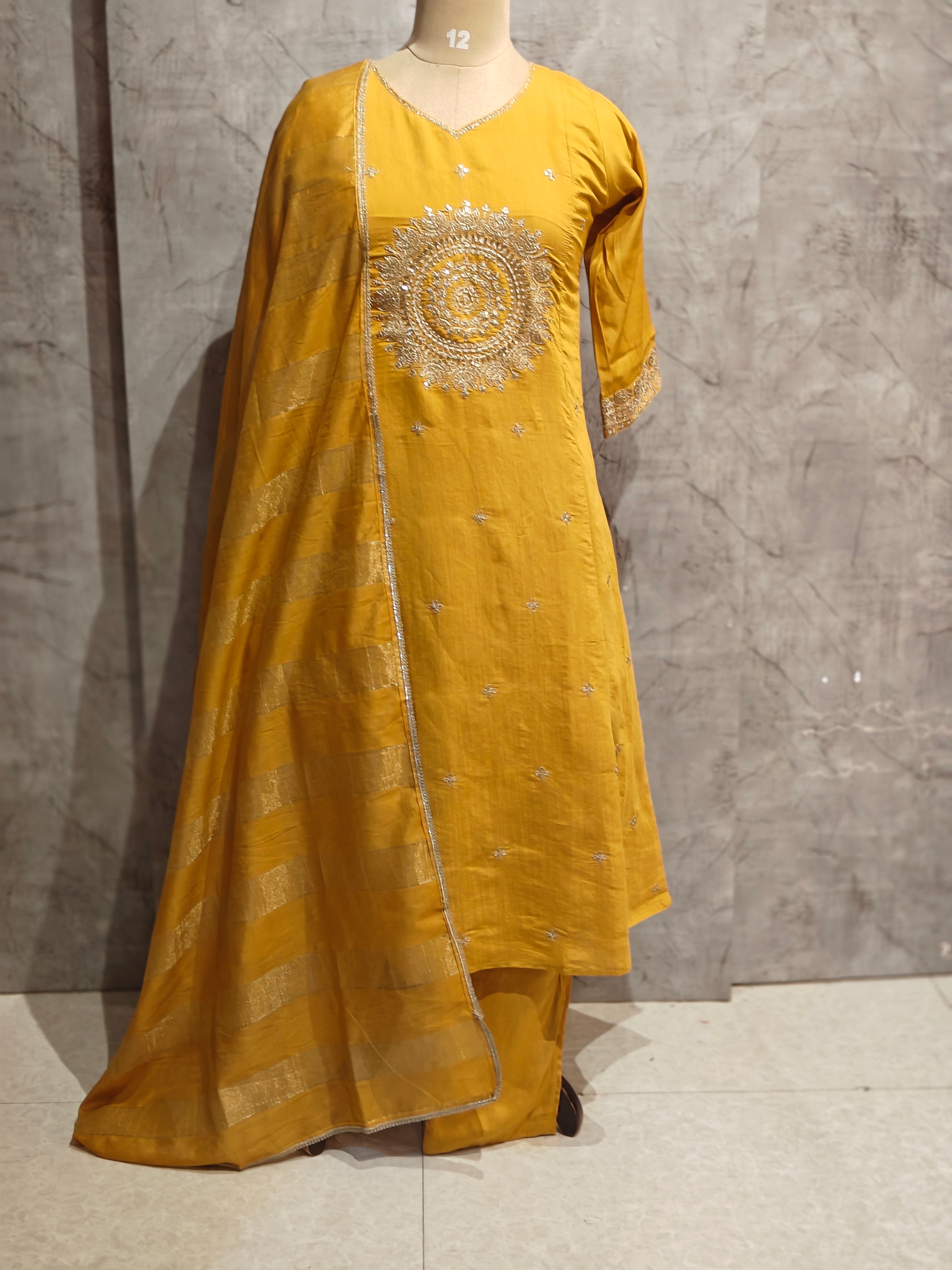 Yellow Mul Chanderi Anarkali Handwork Kurtha 126