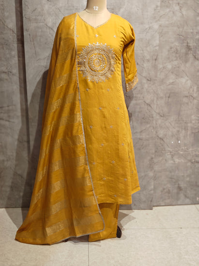 Yellow Mul Chanderi Anarkali Handwork Kurtha 126