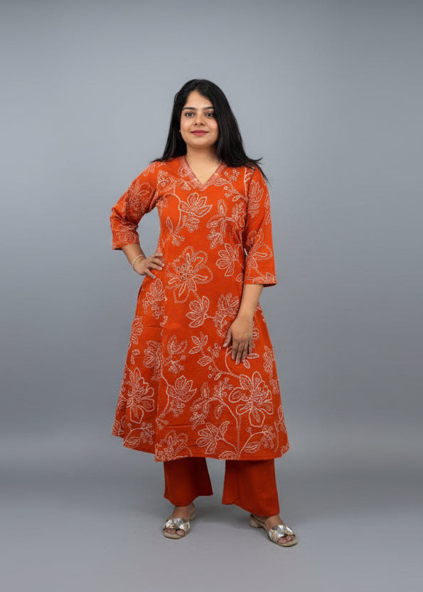 Orange Cotton Hakoba Cord Set Kurtha 487