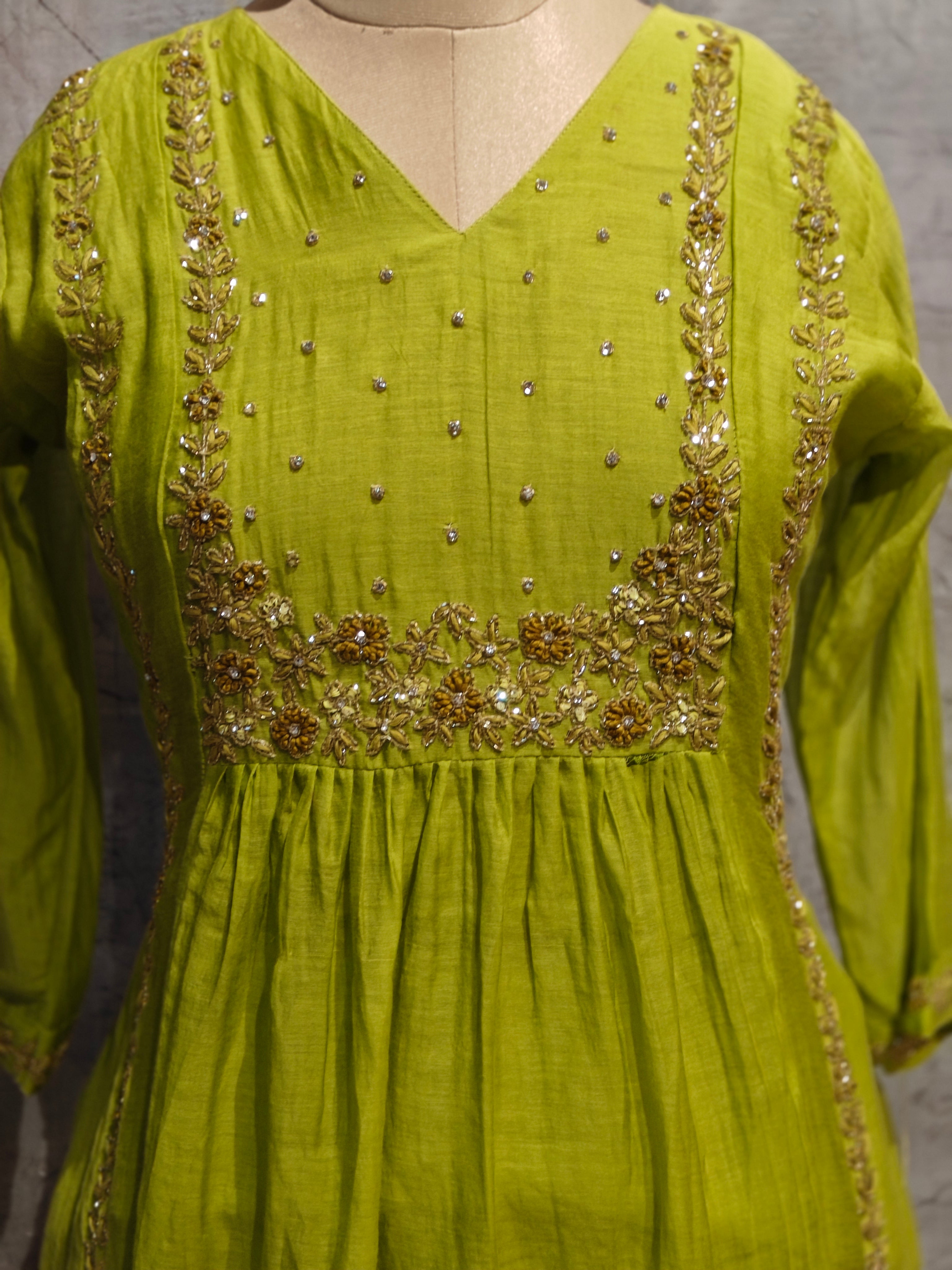 “Pani" Green  Mul Chanderi silk Kurtha suit with work hand embroidery 898