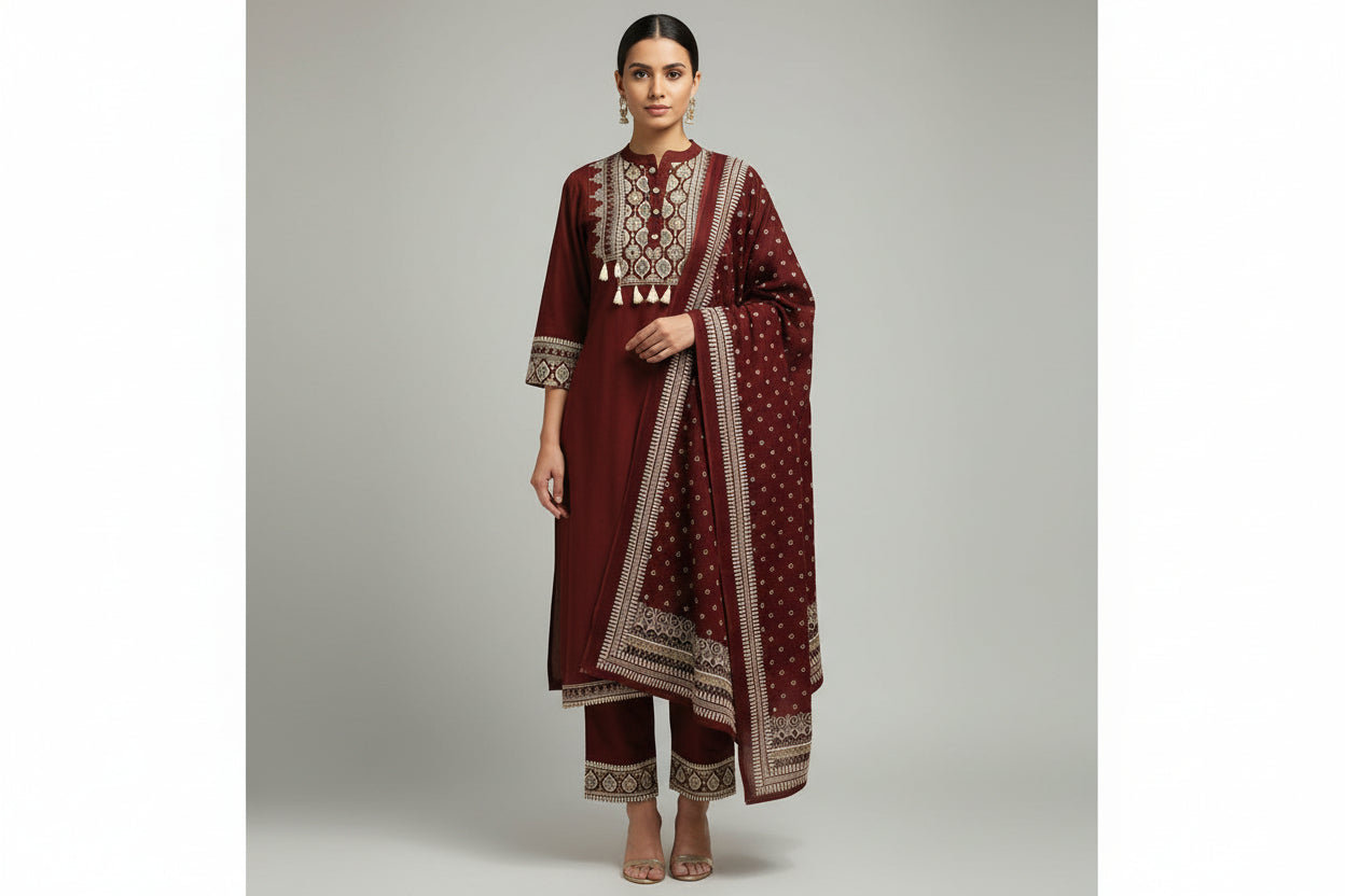 Maroon Cotton Airline Thread Embroidery Kurtha 131