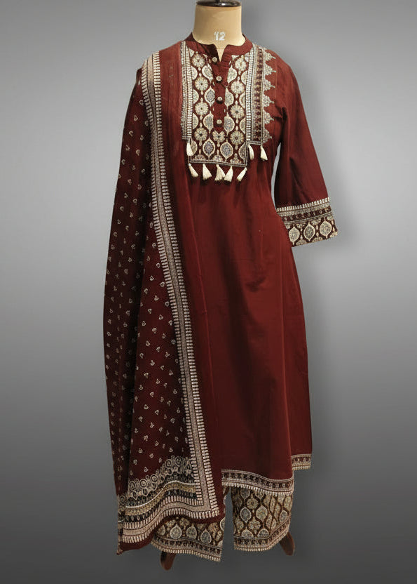 Maroon Cotton Airline Thread Embroidery Kurtha 131