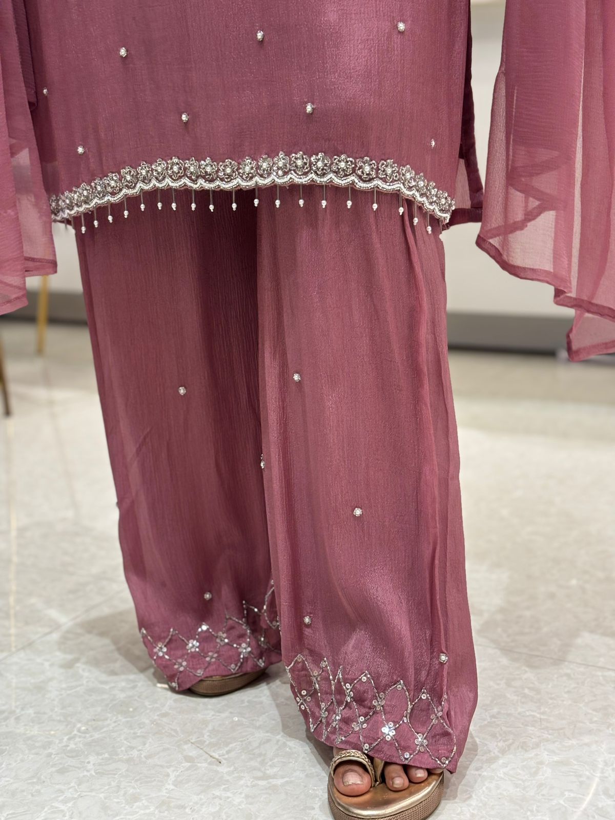 Onion pink Chinnon Hand Embroidery Sharara Kurtha 301