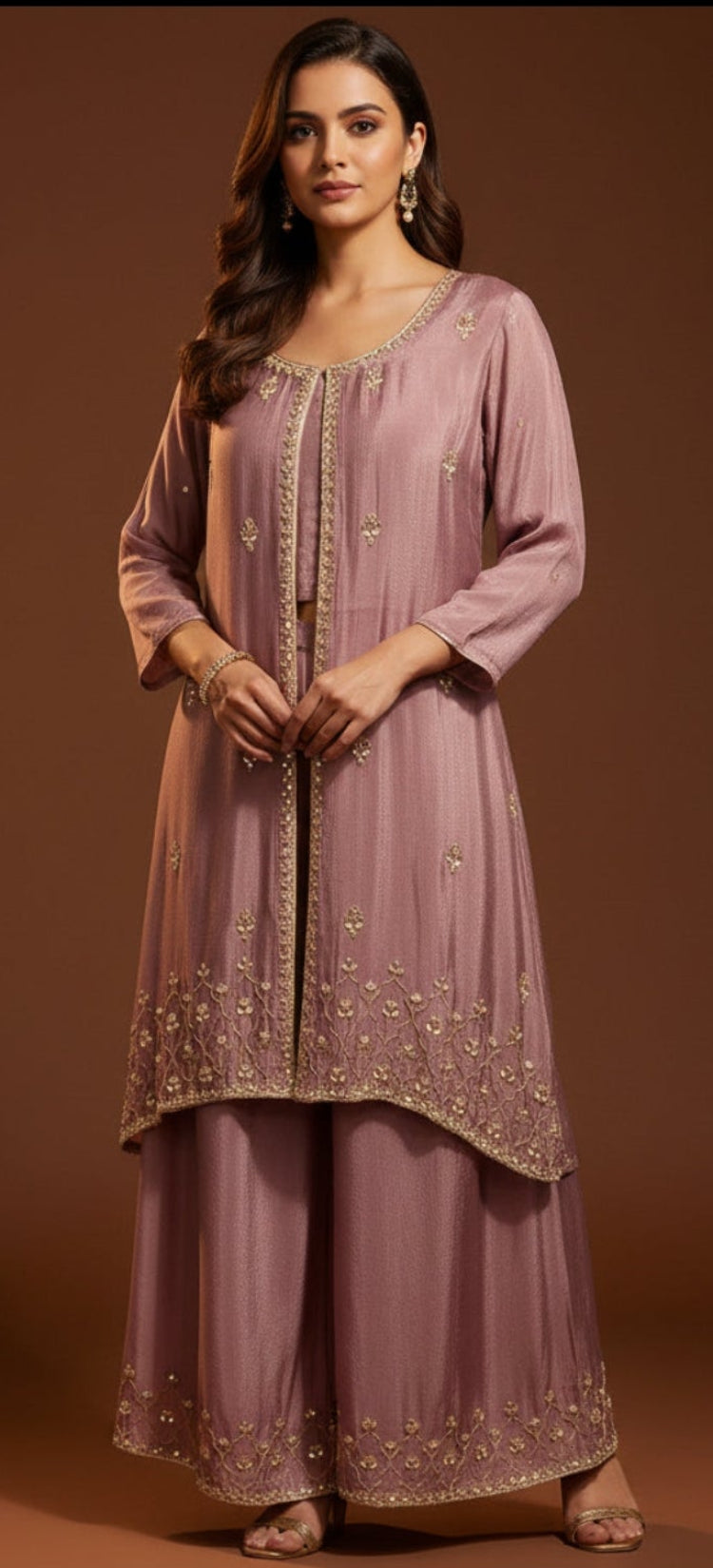 “Pari" Onion Pink Designer Kurtha 43 Set with Handwork Top, Palazoo and Jacket Indo-western capeh