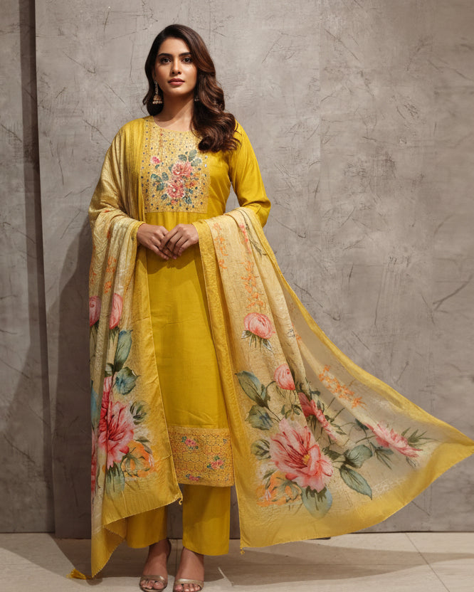 Yellow Dola Silk Handwork Straight Fit Plus Size Kurtha 427