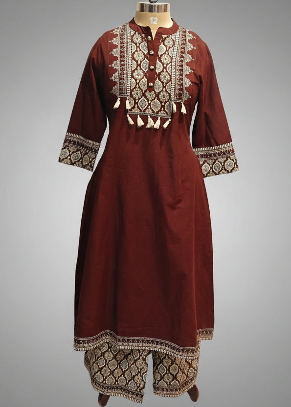Maroon Cotton Airline Thread Embroidery Kurtha 131