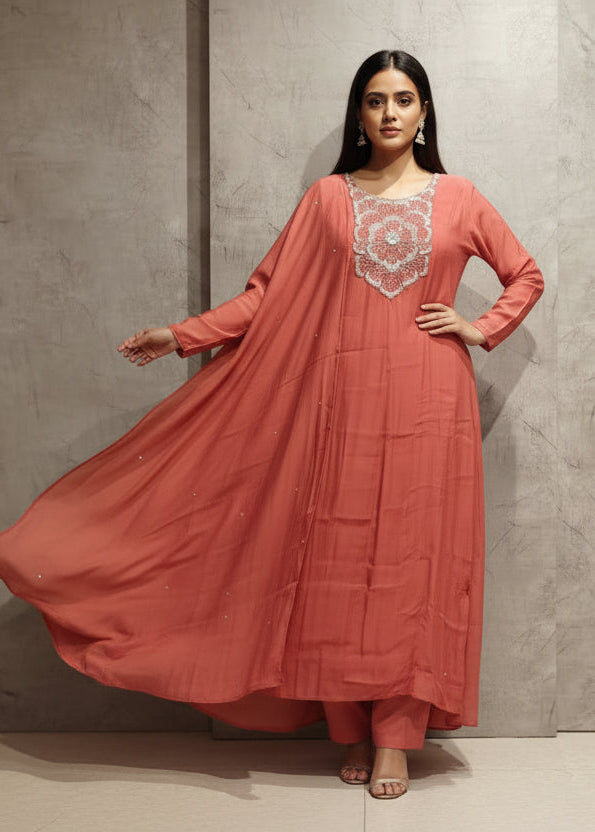 Pink Mul silk Thread Embroidery Airline Kurtha 288