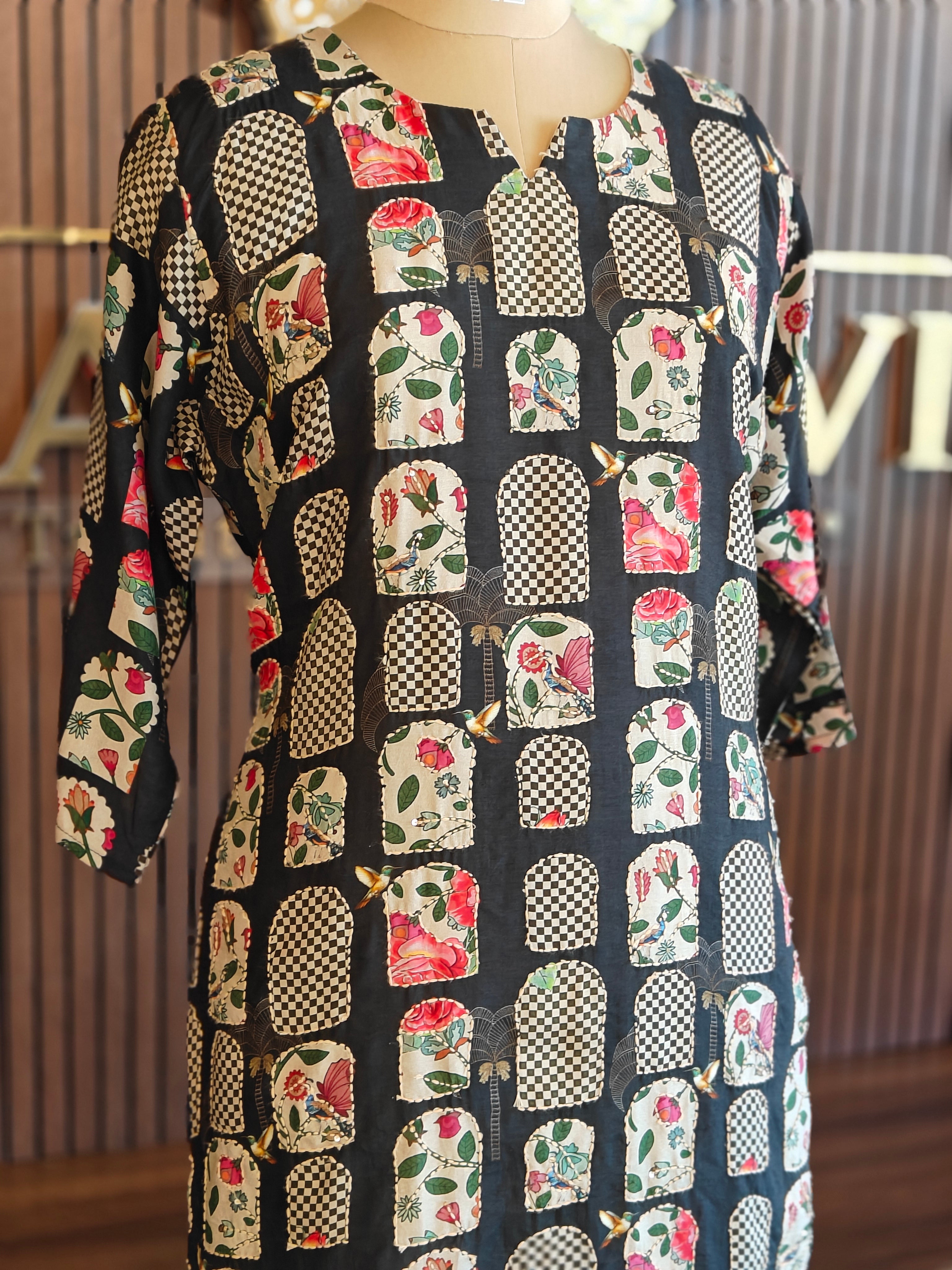 Black Satin Jamdani Work Straight Fit Plus Size Kurtha