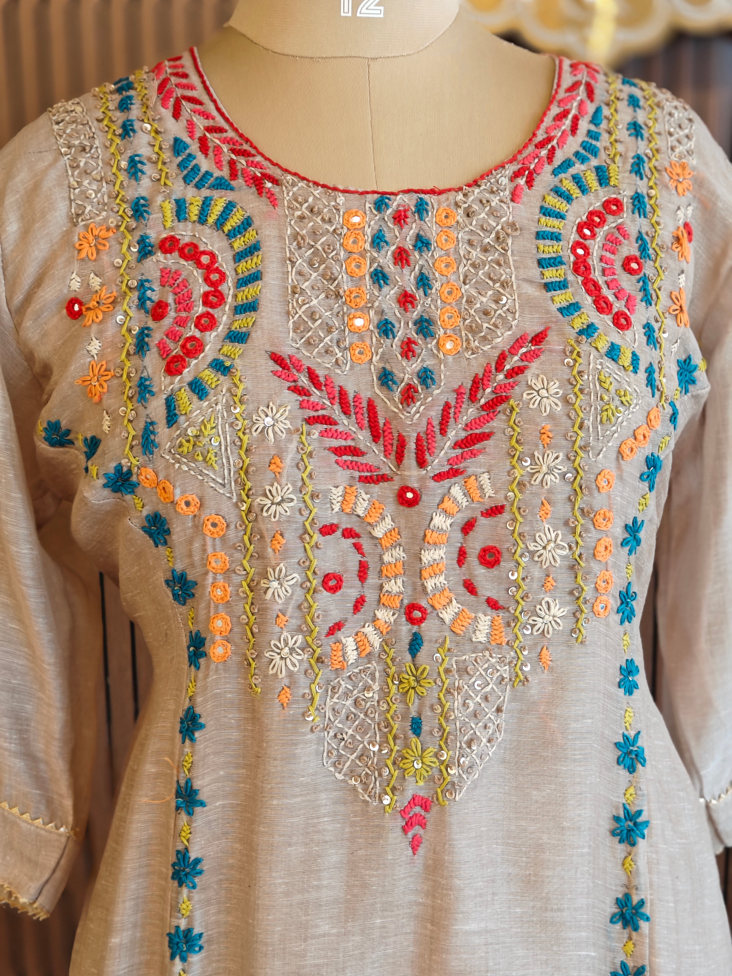 Grey Kota Silk Thread Work Anarkali Plus Size Kurtha