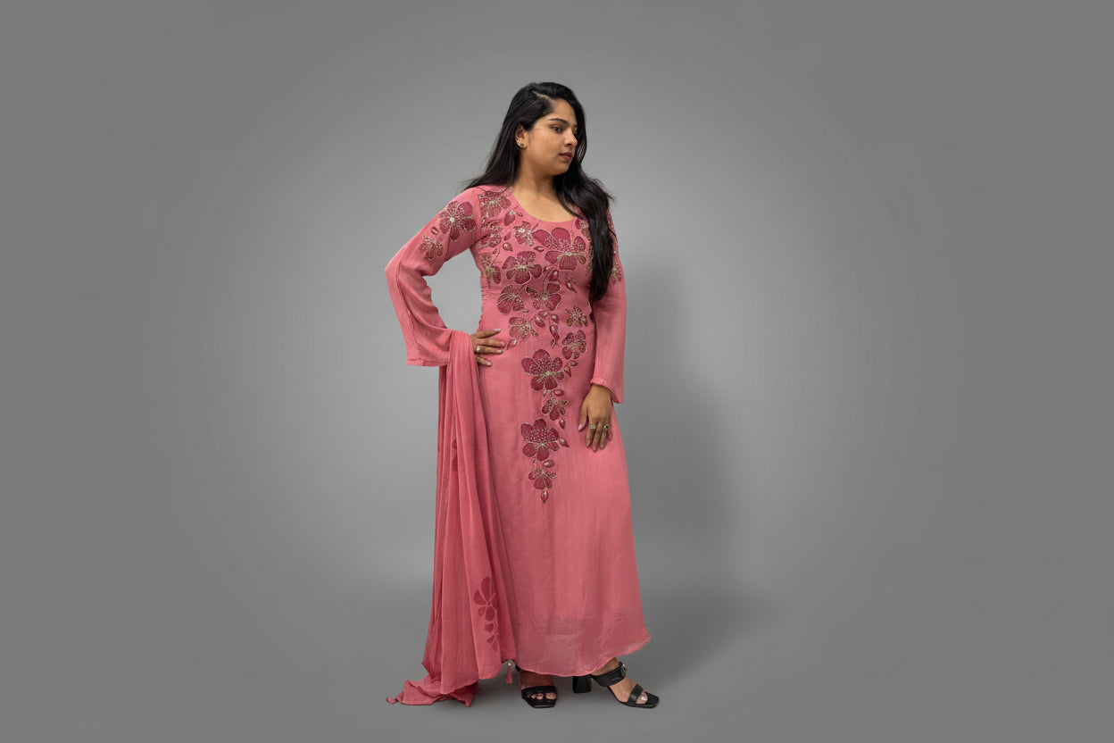 Onion Pink Airline  Chinnon Hand Embroidery Kurtha 765