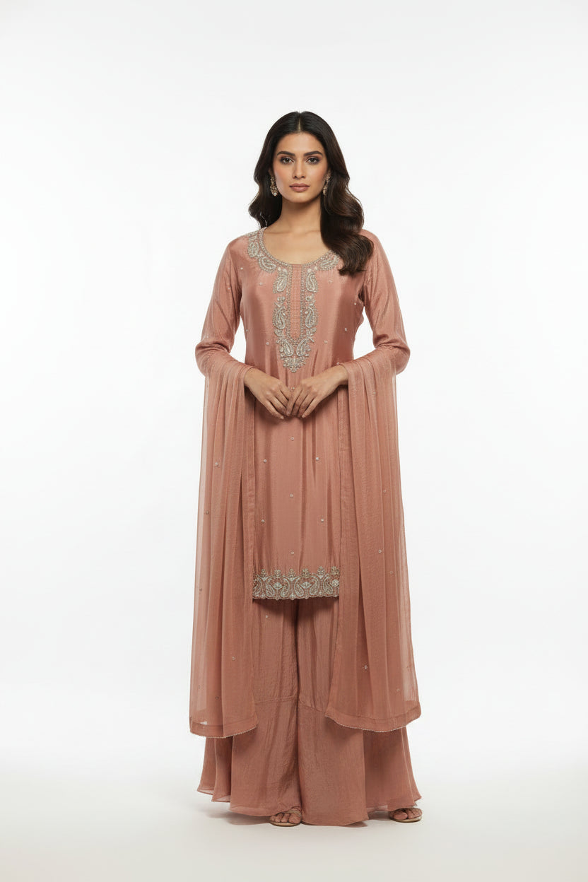 Onion pink Chinnon Hand Embroidery Sharara Kurtha 301