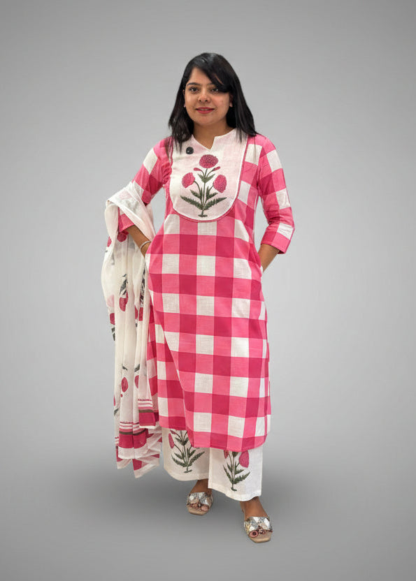 White nd Pink Cotton Thread Embroidery Kurtha 529