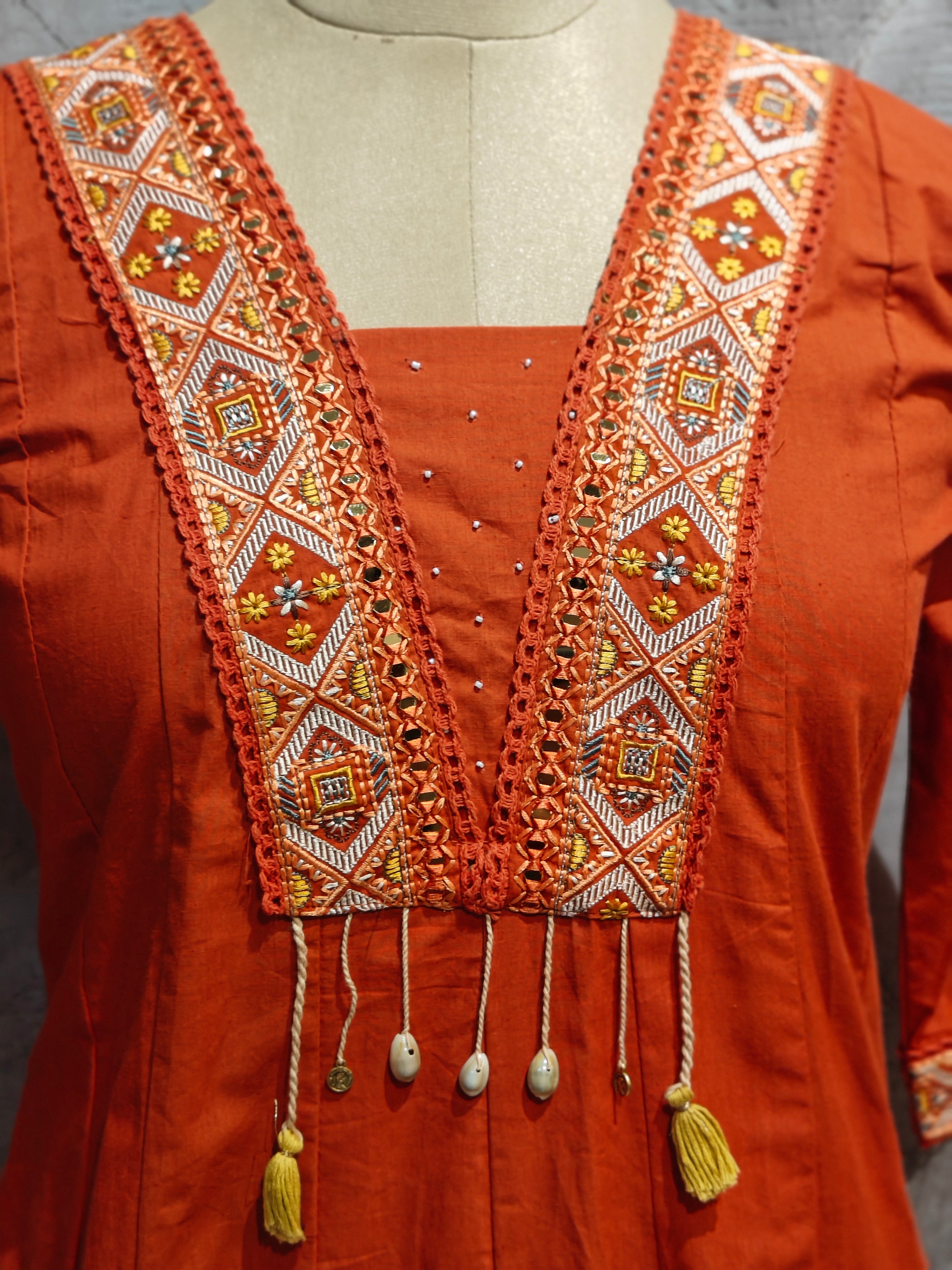 Orange Cotton Hand Embroidery Kurtha 646