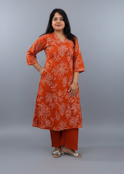 Orange Cotton Hakoba Cord Set Kurtha 487
