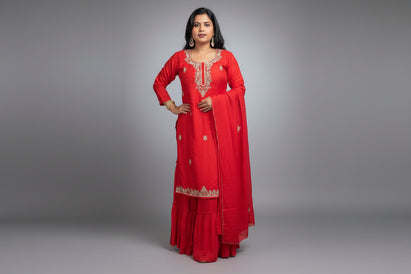 Red Dola Silk Hand Embroidery Sharara Kurtha 301