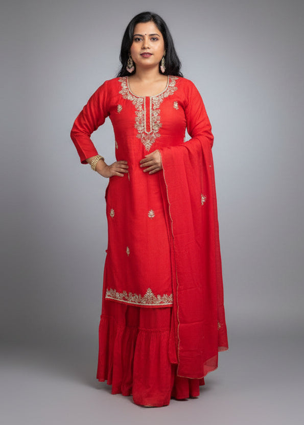 Red Dola Silk Hand Embroidery Sharara Kurtha 301