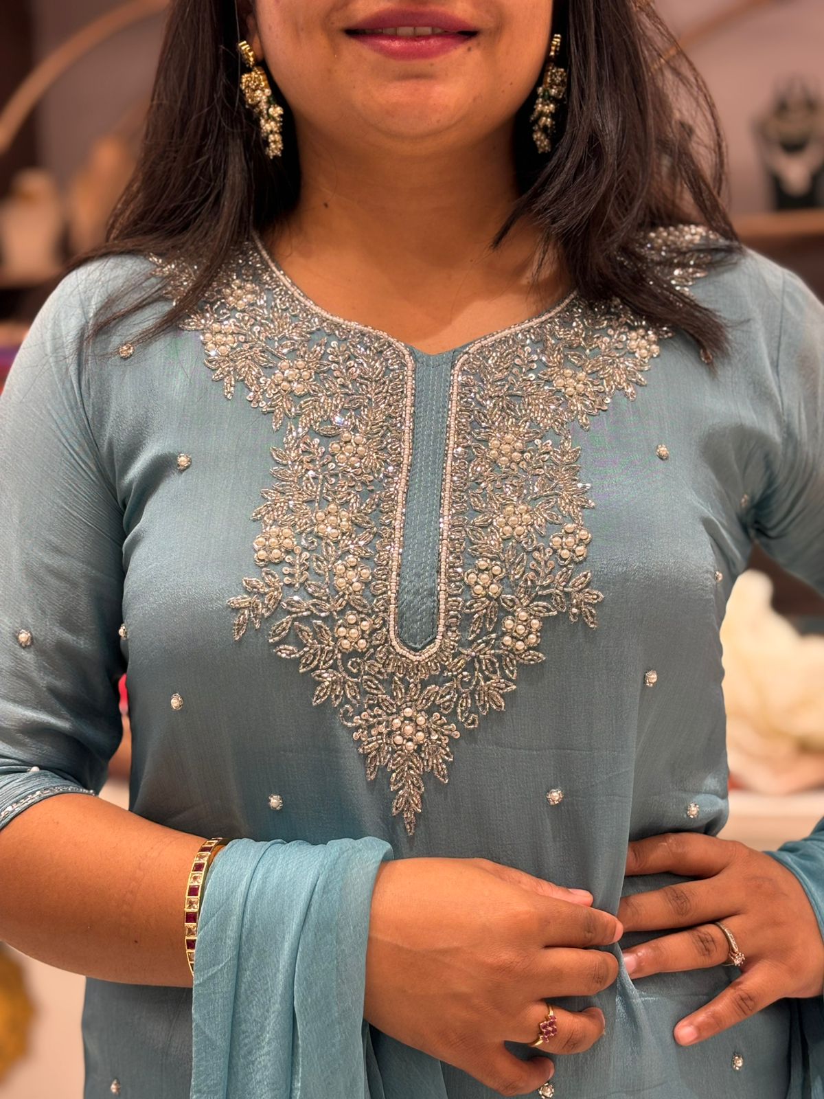 Blue Chinnon Hand Embroidery Sharara Kurtha 301 hu