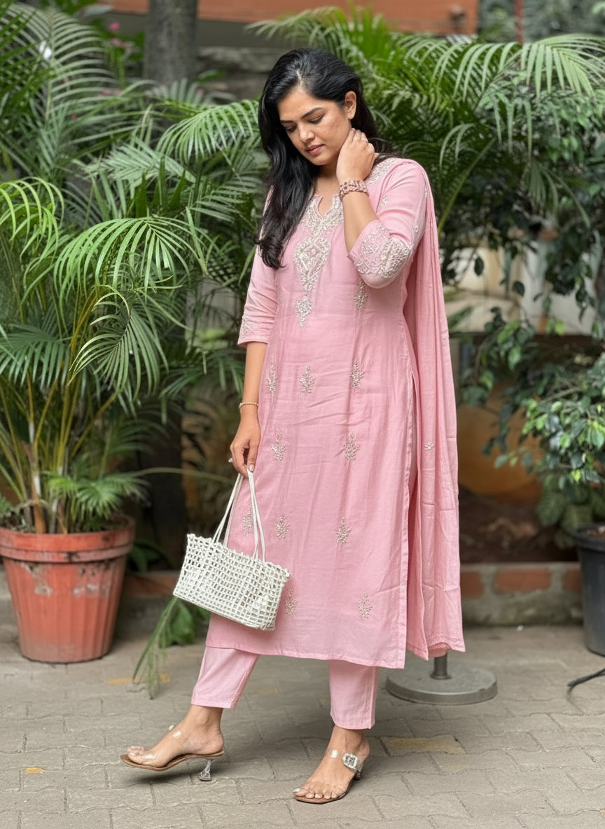 Baby Pink Mul Chanderi Hand Embroidery Anarkali Kurtha 488