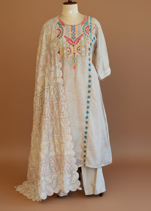 Grey Kota Silk Thread Work Anarkali Plus Size Kurtha