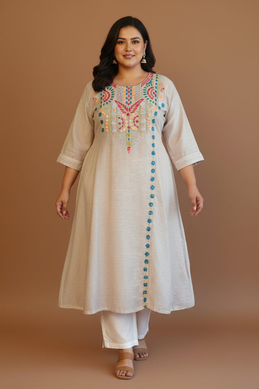Grey Kota Silk Thread Work Anarkali Plus Size Kurtha