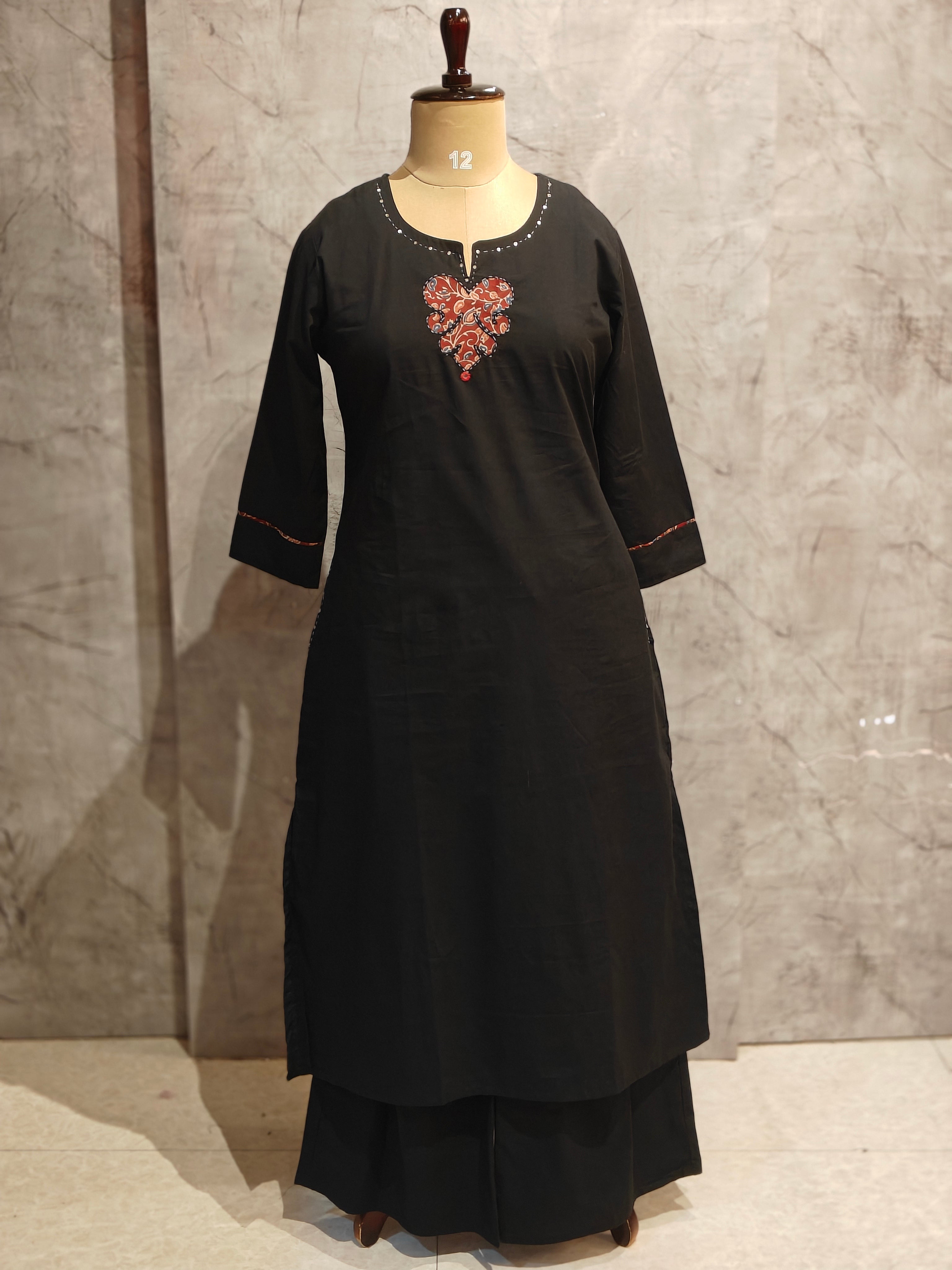 Black Cotton Straight Fit Kurtha