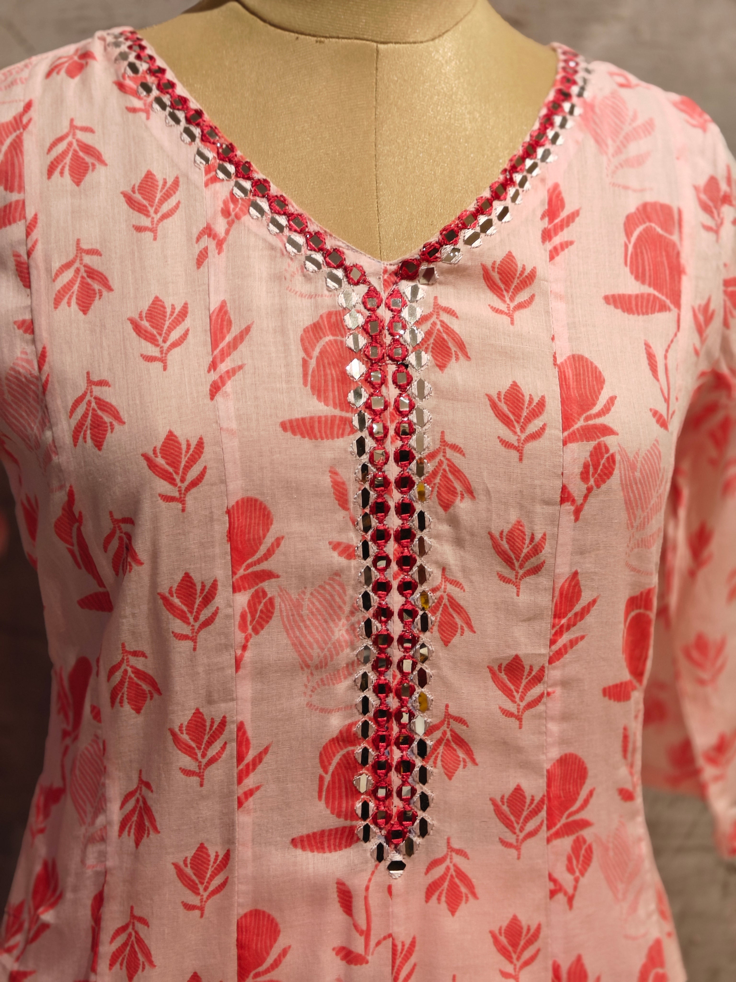 Pink Cotton Block Print Anarkali Kurtha 898