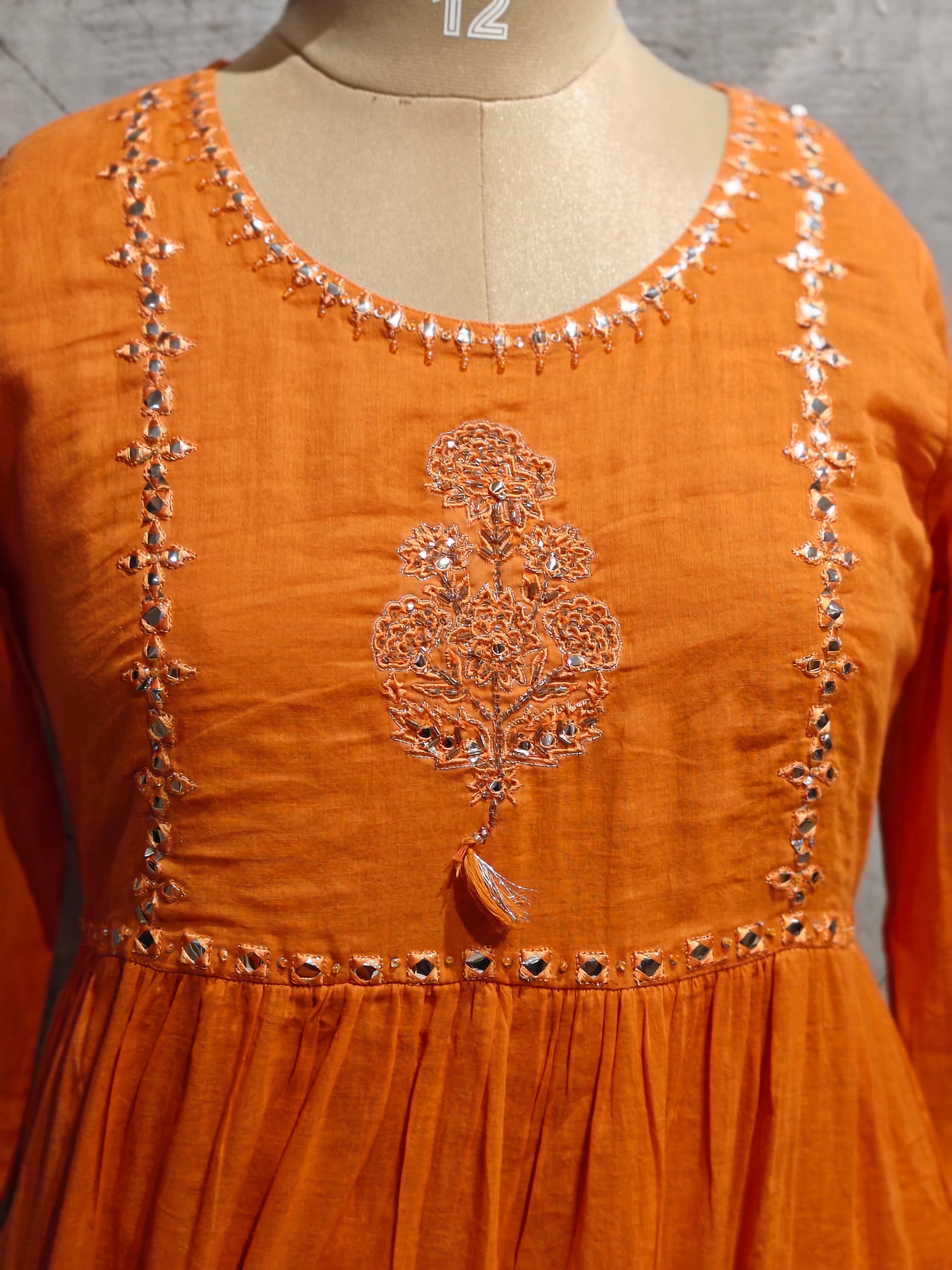 Orange Cotton Anarkali Mirror Work Kurtha 643