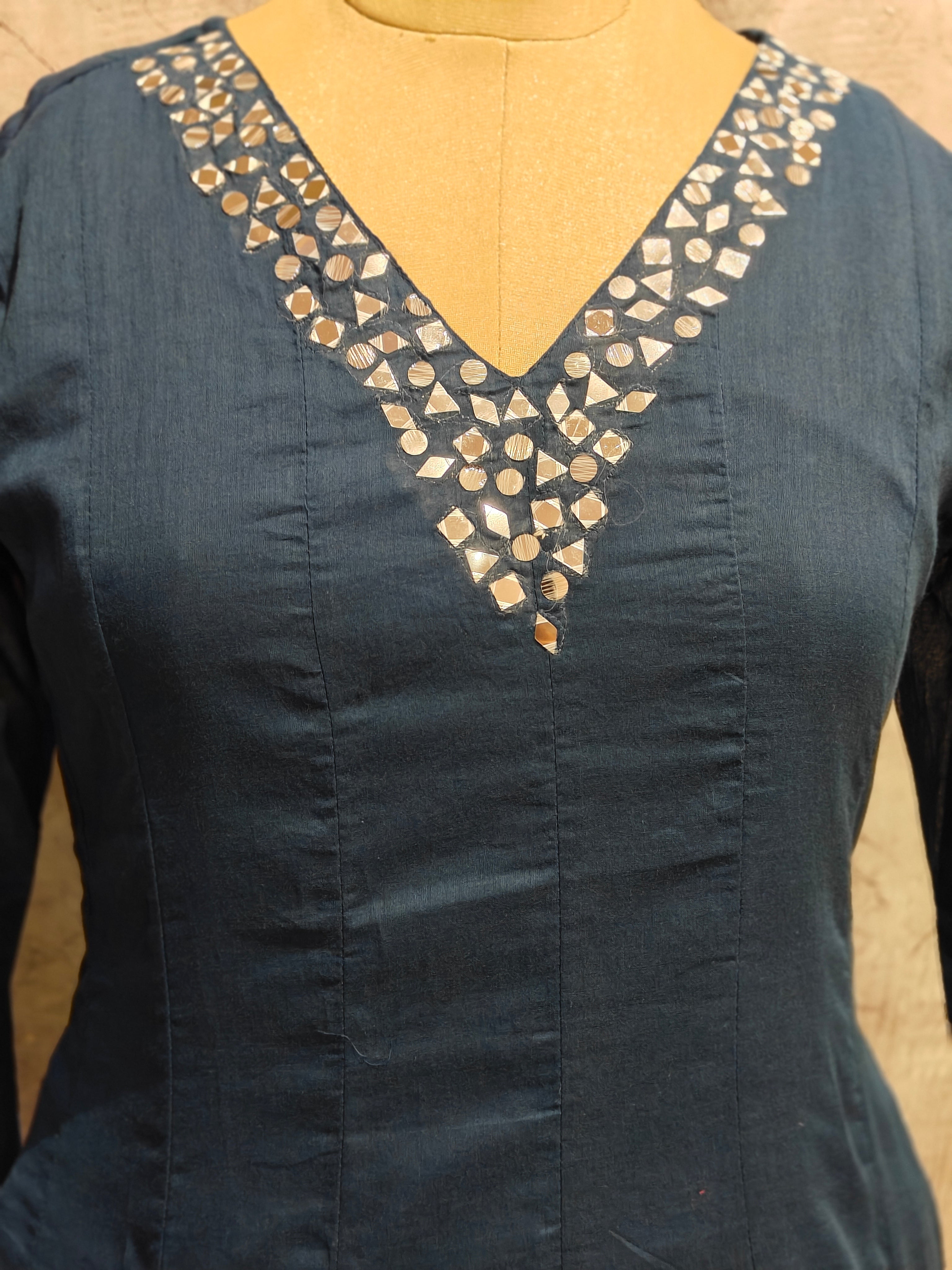 Peacock Blue Mul Chanderi Hand Embroidery Anarkali Kurtha 690