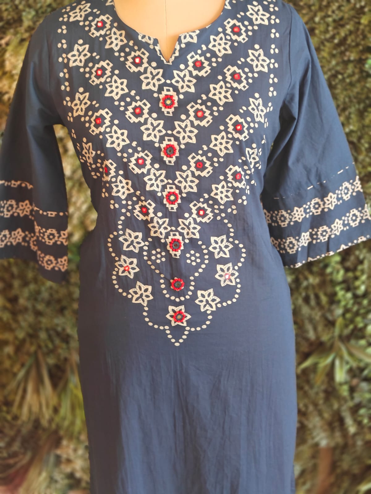 Navy Blue Cotton Straight Fit Block print Kurtha 643