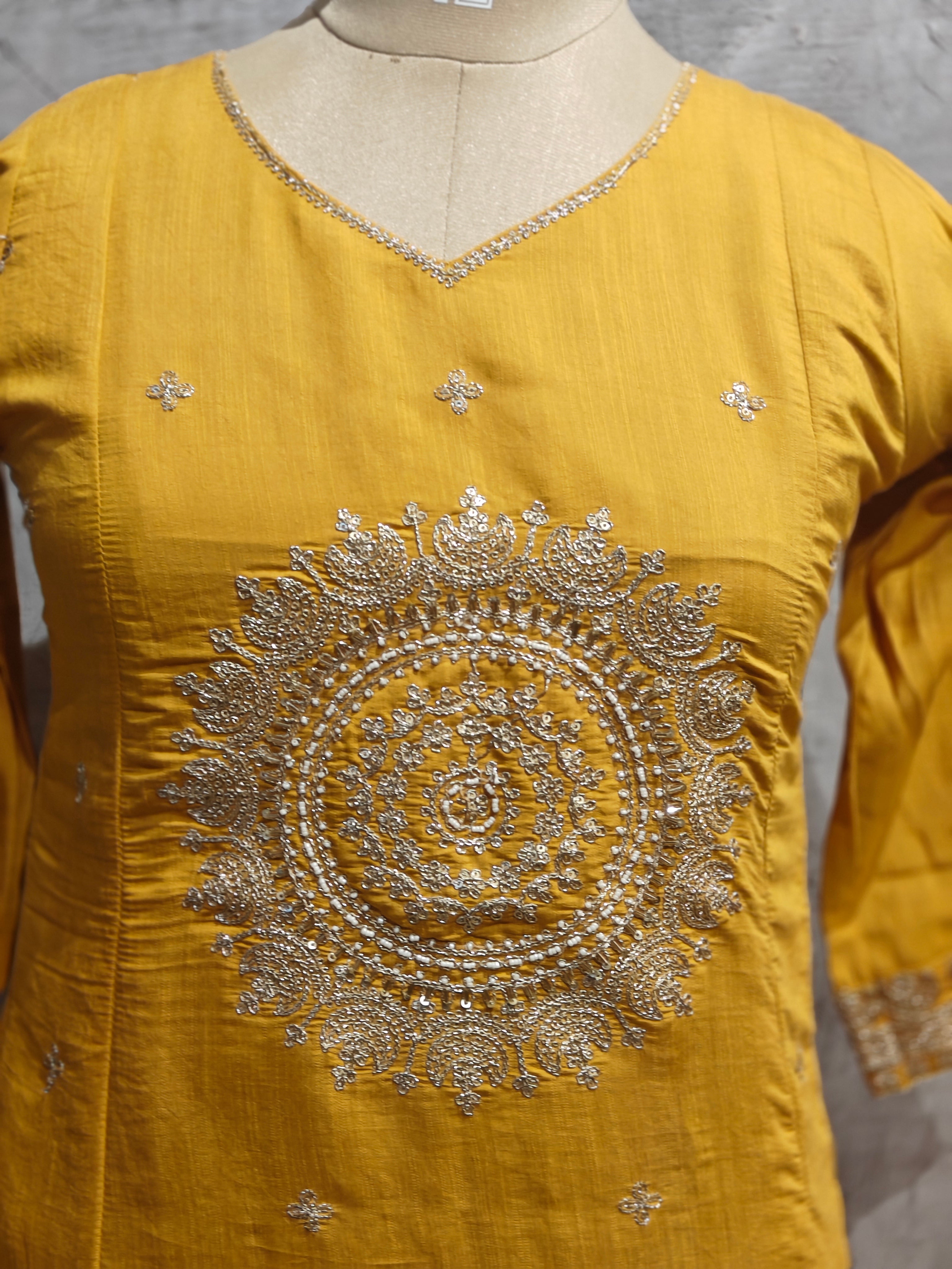 Yellow Mul Chanderi Anarkali Handwork Kurtha 126