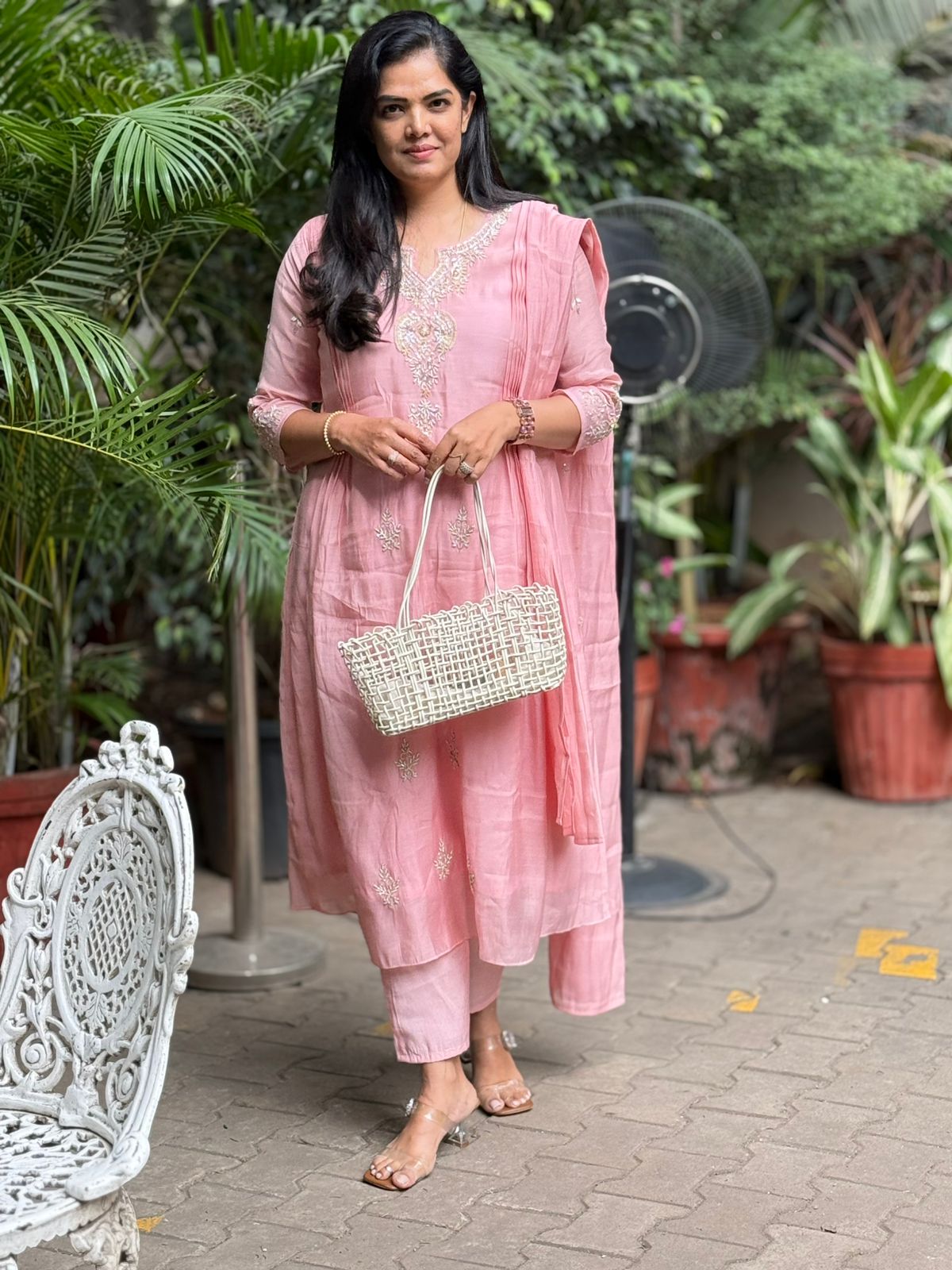Baby Pink Mul Chanderi Hand Embroidery Anarkali Kurtha 488