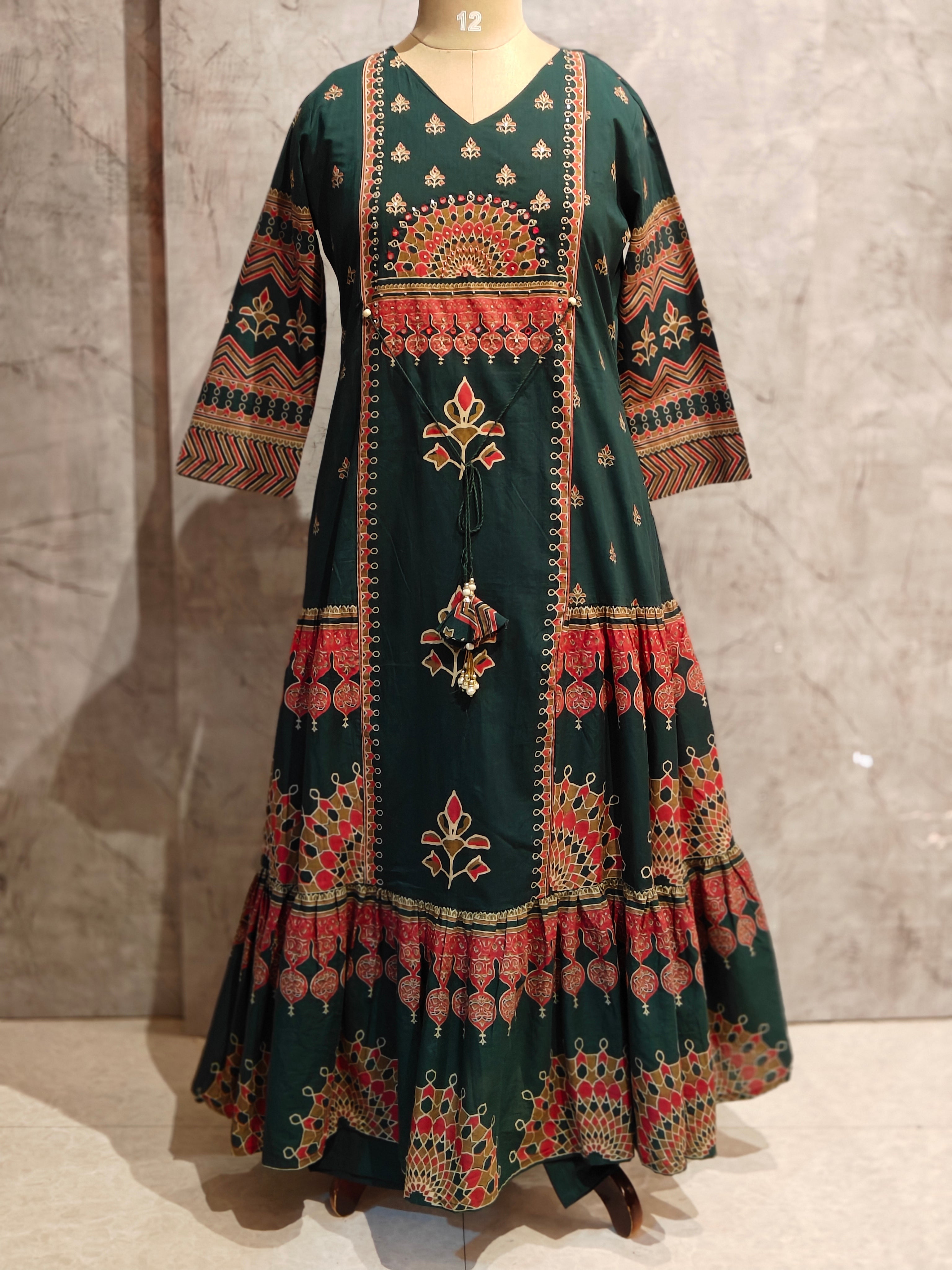 Bottle Green Mul Cotton Anarkali Kurtha