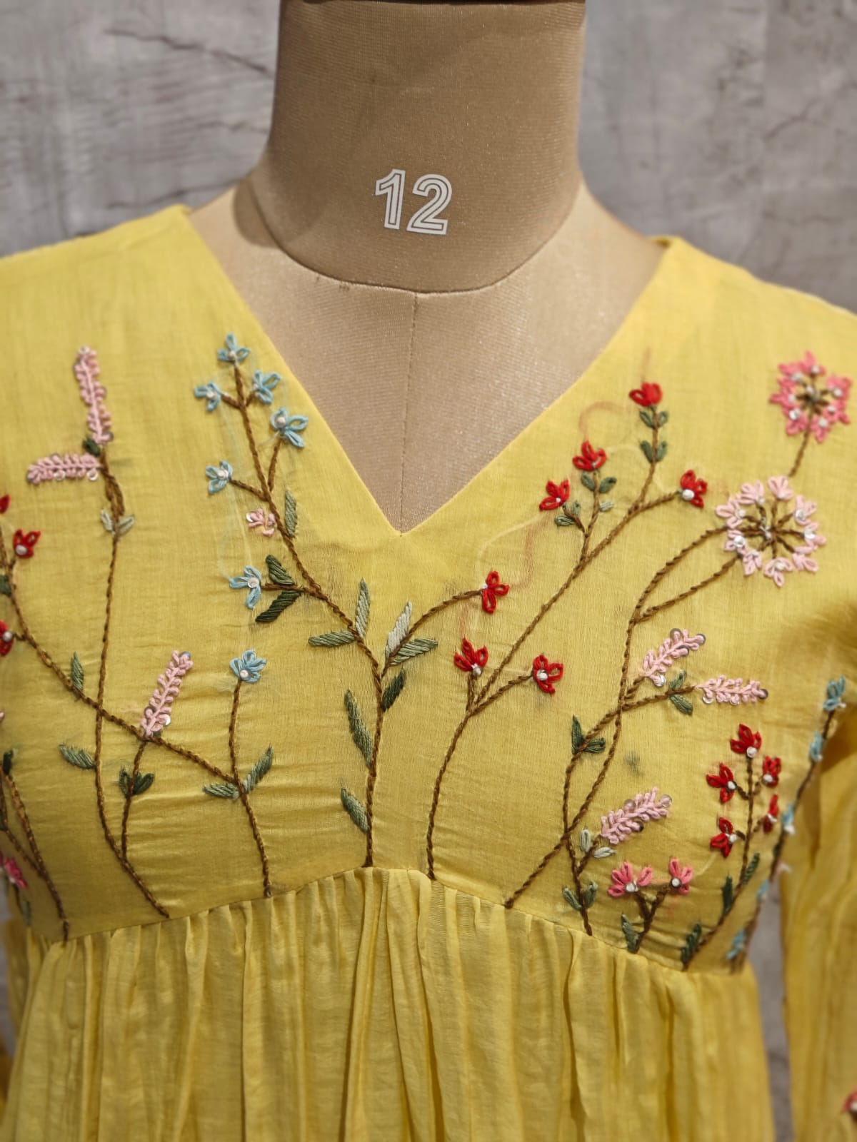 Yellow Mul Chanderi Thread Embroidery kurtha 717